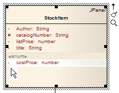 A UML Class element in Sparx Systems Enterprise Architect showing an attribute selected for in-place editing of its scope symbol. A UML Class element in Sparx Systems Enterprise Architect showing an attribute selected for in-place editing of its scope symbol.