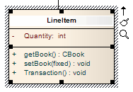 A UML Class element in Sparx Systems Enterprise Architect showing its name selected for in-place editing tasks. A UML Class element in Sparx Systems Enterprise Architect showing its name selected for in-place editing tasks.