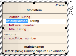 A UML Class element in Sparx Systems Enterprise Architect with an attribute name selected for in-place editing. A UML Class element in Sparx Systems Enterprise Architect with an attribute name selected for in-place editing.