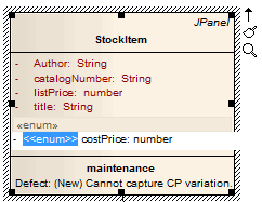 A UML Class element in Sparx Systems Enterprise Architect showing an attribute's stereotype selected for in-place editing. A UML Class element in Sparx Systems Enterprise Architect showing an attribute's stereotype selected for in-place editing.
