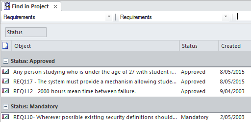 Grouping by requirement status in a project search, in Sparx Systems Enterprise Architect. Grouping by requirement status in a project search, in Sparx Systems Enterprise Architect.