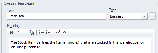 Entering a glossary item in the Glossary Item Details dialog. Entering a glossary item in the Glossary Item Details dialog.