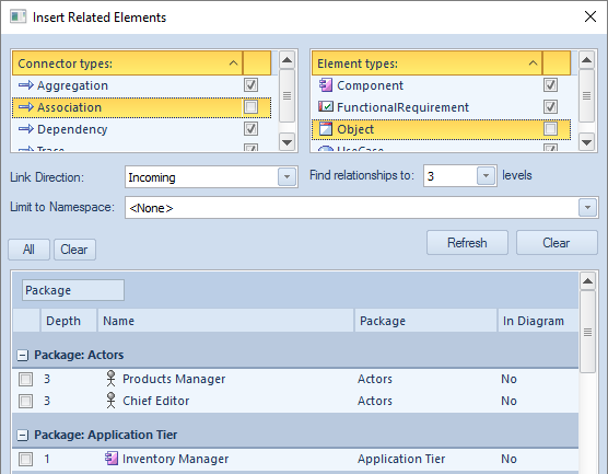 Insert Related Elements dialog in Sparx Systems Enterprise Architect. Insert Related Elements dialog in Sparx Systems Enterprise Architect.