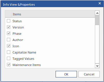The Info View Properties dialog is used to define the information shown in an element displayed in the Info View style. The Info View Properties dialog is used to define the information shown in an element displayed in the Info View style.