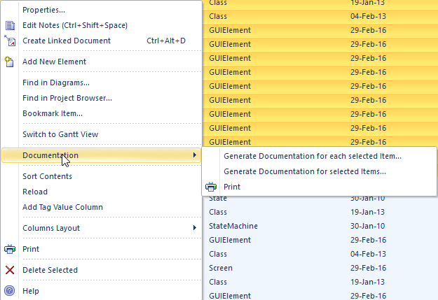 Context menu for the List View in Sparx Systems Enterprise Architect. Context menu for the List View in Sparx Systems Enterprise Architect.
