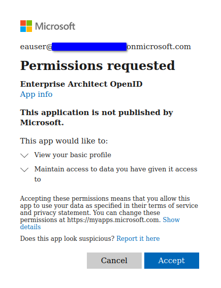 The Azure consent screen to allow the Azure App access to your profile The Azure consent screen to allow the Azure App access to your profile