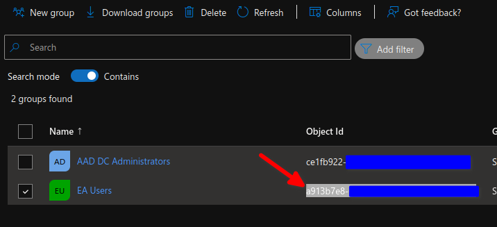 Copy the Object ID of the new group Copy the Object ID of the new group