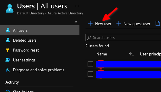 Select 'Users', click 'New user' Select 'Users', click 'New user'