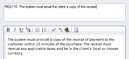 The Properties dialog shows the Name and Notes fields for Requirement elements. The Properties dialog shows the Name and Notes fields for Requirement elements.