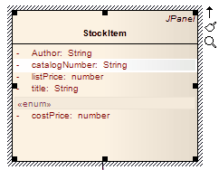 A UML Class element in Sparx Systems Enterprise Architect showing an attribute selected for in-place editing tasks. A UML Class element in Sparx Systems Enterprise Architect showing an attribute selected for in-place editing tasks.