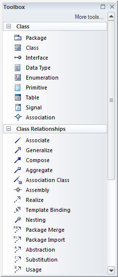 Diagram toolbox for UML Class diagrams in Sparx Systems Enterprise Architect. Diagram toolbox for UML Class diagrams in Sparx Systems Enterprise Architect.