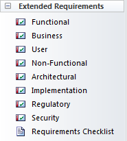 The Extended Requirement toolbox in Sparx Systems Enterprise Architect. The Extended Requirement toolbox in Sparx Systems Enterprise Architect.